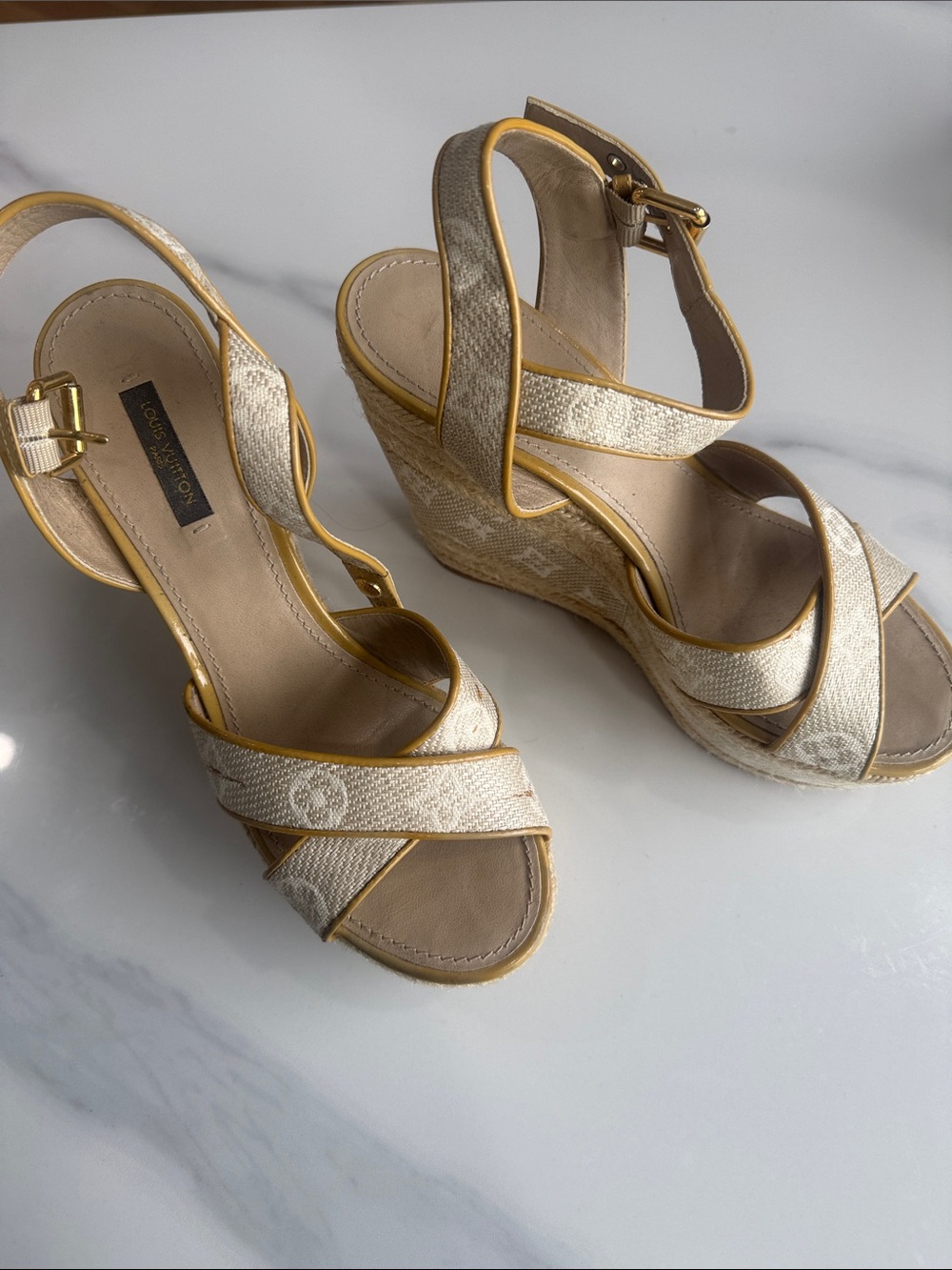 Authentic Vintage Vuitton Cream Canvas Monogram Wedge Sandals